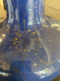A Chinese gilt-decorated powder-blue-bottle vase, Kangxi mark but probably later
