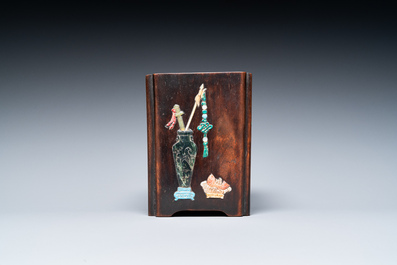 A Chinese hardstone-embellished zitan brush pot, 19th C.