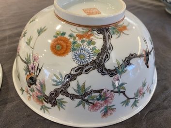 Two Chinese famille rose 'magpie and peaches' bowls, Xuantong marks but probably Republic