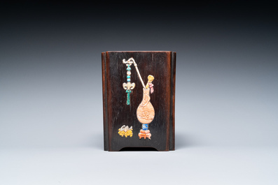 A Chinese hardstone-embellished zitan brush pot, 19th C.