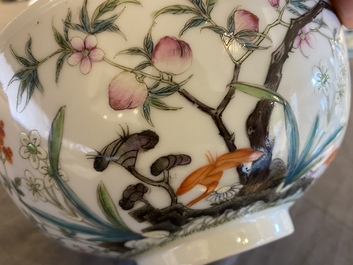 Two Chinese famille rose 'magpie and peaches' bowls, Xuantong marks but probably Republic