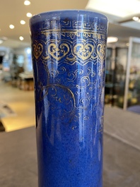 A Chinese gilt-decorated powder-blue-bottle vase, Kangxi mark but probably later