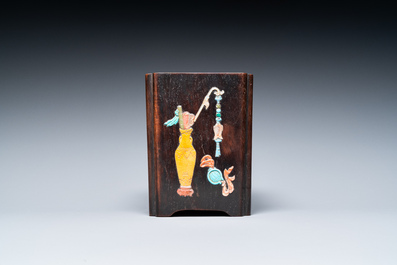 A Chinese hardstone-embellished zitan brush pot, 19th C.