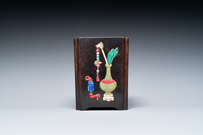 A Chinese hardstone-embellished zitan brush pot, 19th C.
