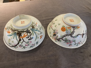 Two Chinese famille rose 'magpie and peaches' bowls, Xuantong marks but probably Republic