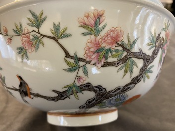 Two Chinese famille rose 'magpie and peaches' bowls, Xuantong marks but probably Republic