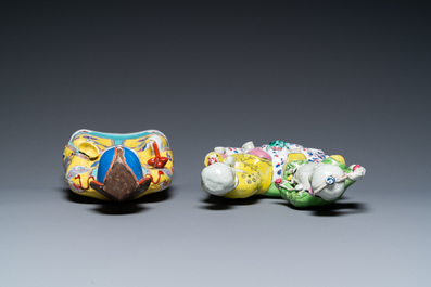 A Chinese famille rose 'Hehe Er Xian' group and a 'Caishen' figure, Qianlong and later