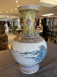 A Chinese famille rose 'mountainous landscape' vase, Qianlong mark, 20th C.