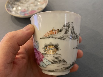 A Chinese famille rose 'erotical subject' cup and saucer, Yongzheng/Qianlong
