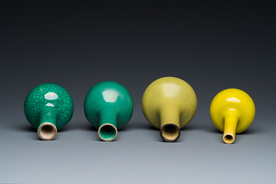 Four Chinese monochrome green and yellow bottle vases, 19/20th C.