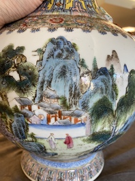 A Chinese famille rose 'mountainous landscape' vase, Qianlong mark, 20th C.