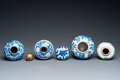 Three Chinese blue and white vases and one in famille verte, Kangxi and later