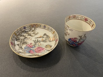 A Chinese famille rose 'erotical subject' cup and saucer, Yongzheng/Qianlong