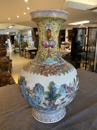 A Chinese famille rose 'mountainous landscape' vase, Qianlong mark, 20th C.