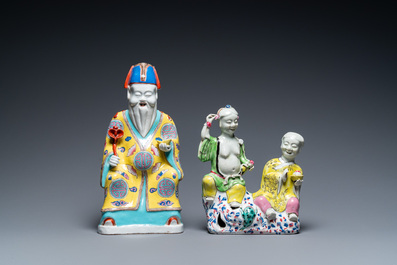 A Chinese famille rose 'Hehe Er Xian' group and a 'Caishen' figure, Qianlong and later