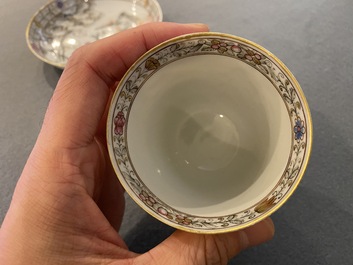 A Chinese famille rose 'erotical subject' cup and saucer, Yongzheng/Qianlong