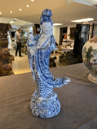 A Chinese blue and white Guanyin with child, Cai Fu Ji 蔡福記 mark, Republic