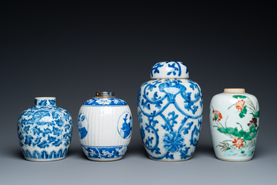 Three Chinese blue and white vases and one in famille verte, Kangxi and later