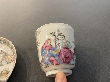 A Chinese famille rose 'erotical subject' cup and saucer, Yongzheng/Qianlong