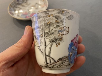 A Chinese famille rose 'erotical subject' cup and saucer, Yongzheng/Qianlong