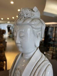 A tall Chinese Dehua blanc de Chine Guanyin, seal mark, Qing