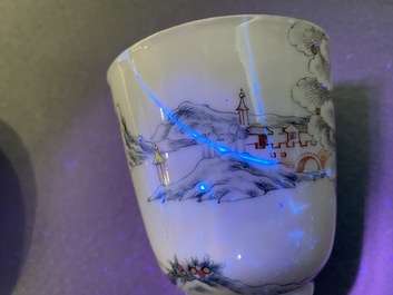 A Chinese famille rose 'erotical subject' cup and saucer, Yongzheng/Qianlong