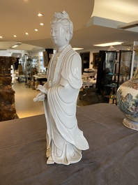A tall Chinese Dehua blanc de Chine Guanyin, seal mark, Qing