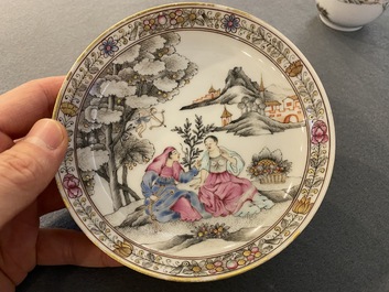 A Chinese famille rose 'erotical subject' cup and saucer, Yongzheng/Qianlong