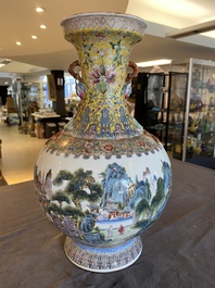 A Chinese famille rose 'mountainous landscape' vase, Qianlong mark, 20th C.
