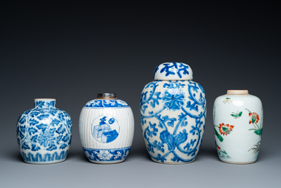 Three Chinese blue and white vases and one in famille verte, Kangxi and later