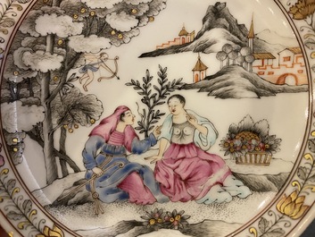 A Chinese famille rose 'erotical subject' cup and saucer, Yongzheng/Qianlong