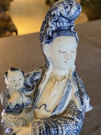 A Chinese blue and white Guanyin with child, Cai Fu Ji 蔡福記 mark, Republic