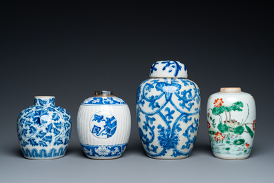 Three Chinese blue and white vases and one in famille verte, Kangxi and later