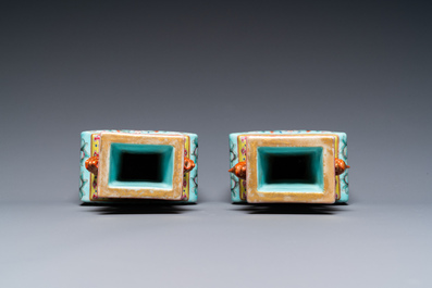 A pair of Chinese famille rose turquoise-ground vases, Qianlong mark, 19/20th C.