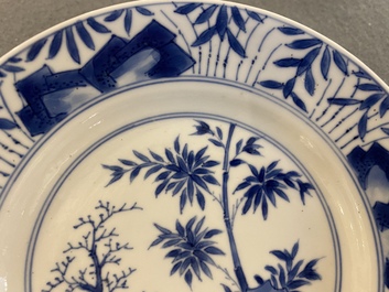 A pair of Chinese blue and white 'bamboo' plates, Chenghua mark, Kangxi