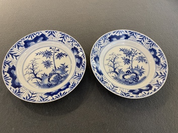 A pair of Chinese blue and white 'bamboo' plates, Chenghua mark, Kangxi