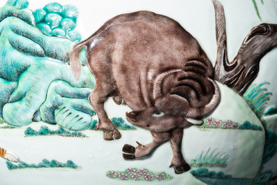 An impressive large relief-molded Chinese famille rose 'Twelve zodiac animals' vase, Qianlong mark, 19th C.