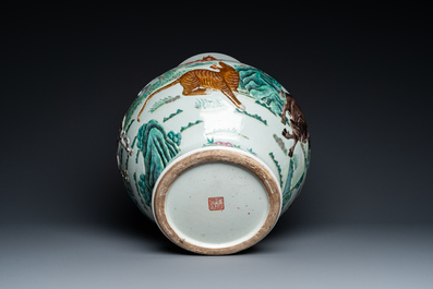 An impressive large relief-molded Chinese famille rose 'Twelve zodiac animals' vase, Qianlong mark, 19th C.