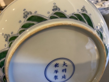 A pair of Chinese doucai 'dragon' plates, Chenghua mark, Kangxi