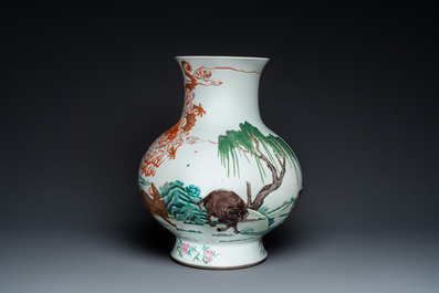 An impressive large relief-molded Chinese famille rose 'Twelve zodiac animals' vase, Qianlong mark, 19th C.