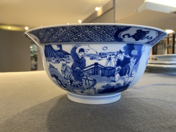 Een Chinese blauw-witte kom met gedichten, Kangxi merk en periode