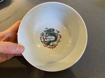 A rare Chinese famille verte 'dragon' bowl, Chenghua mark, Kangxi