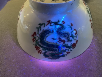 A rare Chinese famille verte 'dragon' bowl, Chenghua mark, Kangxi