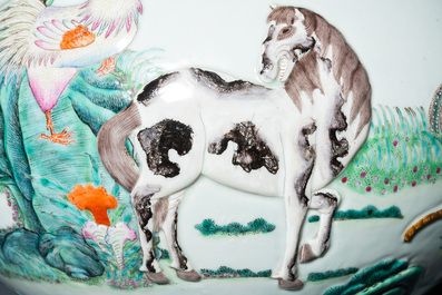An impressive large relief-molded Chinese famille rose 'Twelve zodiac animals' vase, Qianlong mark, 19th C.
