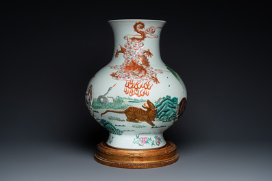 An impressive large relief-molded Chinese famille rose 'Twelve zodiac animals' vase, Qianlong mark, 19th C.