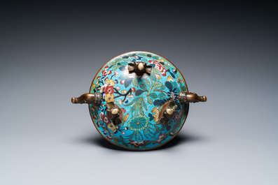 A Chinese cloisonn&eacute; tripod 'phoenix' bowl with elephant head handles, Qianlong/Jiaqing