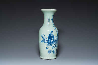 A Chinese blue and white celadon-ground 'immortals' vase, 19th C.