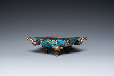 A Chinese cloisonn&eacute; tripod 'phoenix' bowl with elephant head handles, Qianlong/Jiaqing