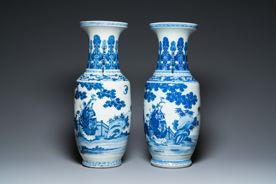 A pair of Chinese blue and white 'Sanxing' vases, Jiaqing