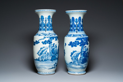 A pair of Chinese blue and white 'Sanxing' vases, Jiaqing